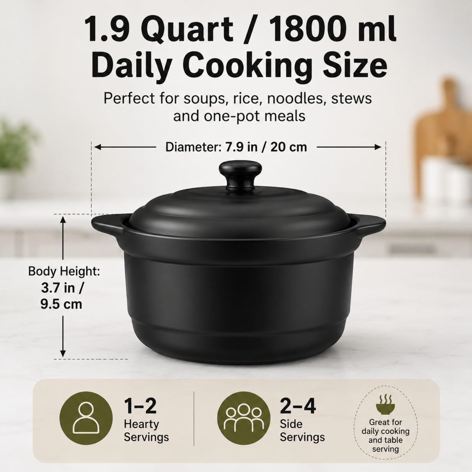 XICHENGSHIDA Casserole en céramique avec couvercle et bol à soupe pour la cuisine en argile résistante à la chaleur avec poignée (noir, 1 800 ml)
