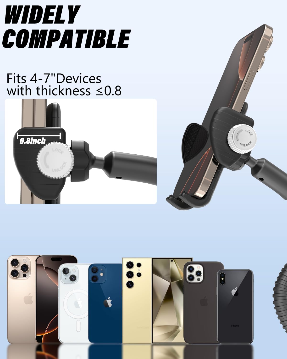 LYFPOOOM Soporte Cuello Cisne para teléfono móvil para Silla de Ruedas y Cochecito, Soporte portátil para teléfono Compatible con iPhone 16 Pro Max/15/14/13/12 y Todos los teléfonos Inteligentes.