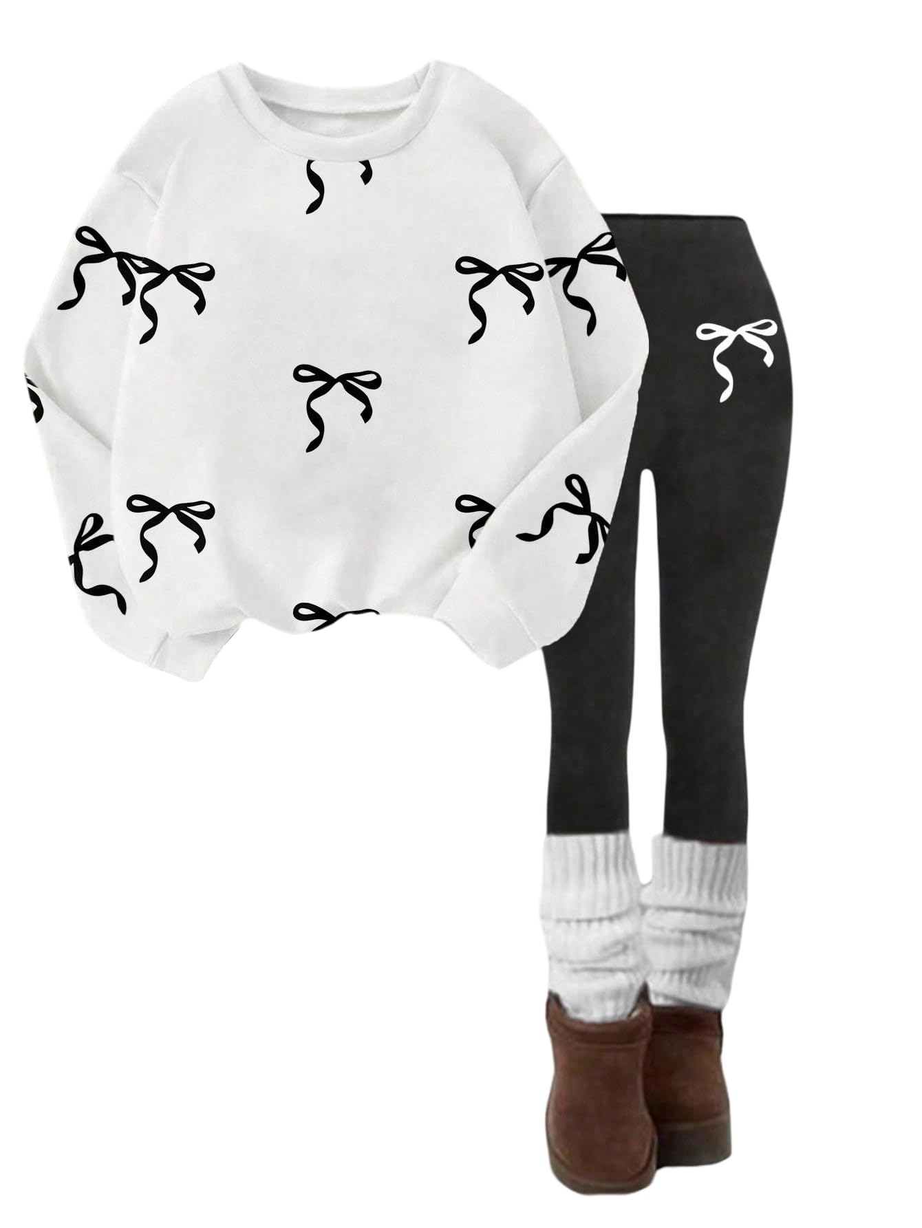 SweatyRocks Dziewczęcy dwuczęściowy zestaw strojów dla dzieci w wieku 8-12 lat, legginsy i top, bluza z kokardką, 2-częściowy strój dla nastolatek i dziewcząt