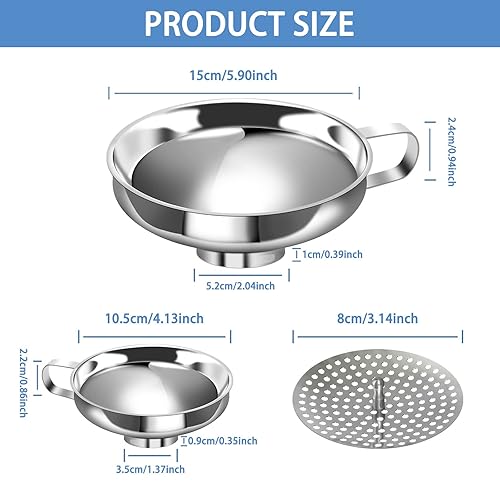 Miniatura 9 de Embudo de cocina de acero inoxidable, embudo de metal de grado alimenticio de 4.3 pulgadas con colador para llenar botellas, transferir líquido,