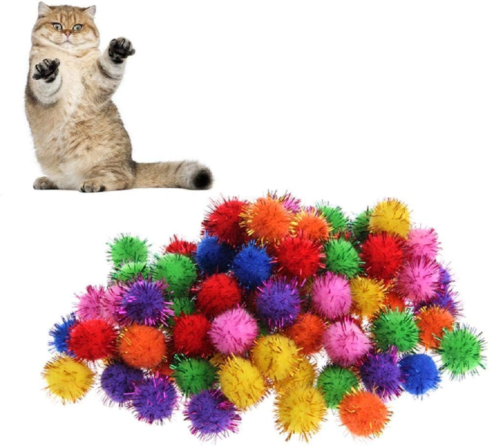 100 Pcs Colorful Sparkly Glitter Tinsel Balls & Pom Balls for Cats, for Kittens Exercise and Multiple Cats Play and Chase