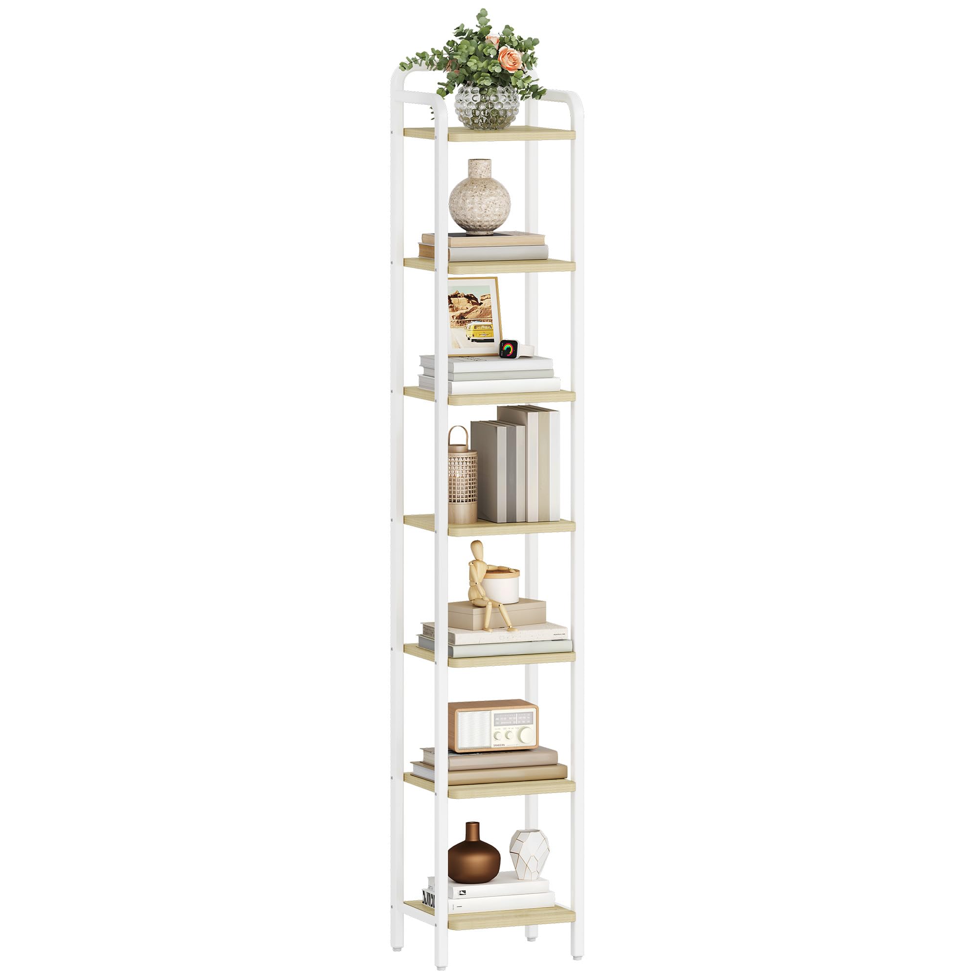 Hzuaneri Scaffale a 7 Ripiani, Libreria, Scaffale Stretto per Libri, Mensola D'angolo Industriale, Mensola Sottile per Ufficio, Soggiorno, Camera da Letto, Cucina, Quercia bianca e bianco BC24816W