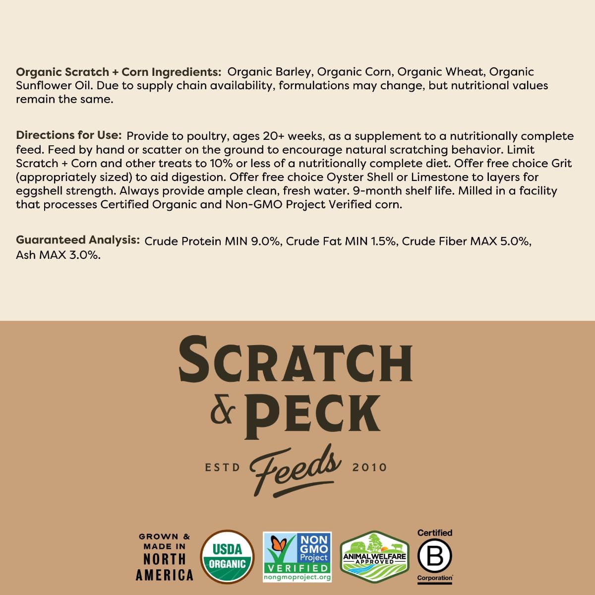 Scratch and Peck Whole Grain Scratch + Corn Chicken and Duck Supplemental Grain - 10 lbs Bag - Soy-Free - 9% Protein, Certified Organic and Non-GMO Project Verified Chicken Food