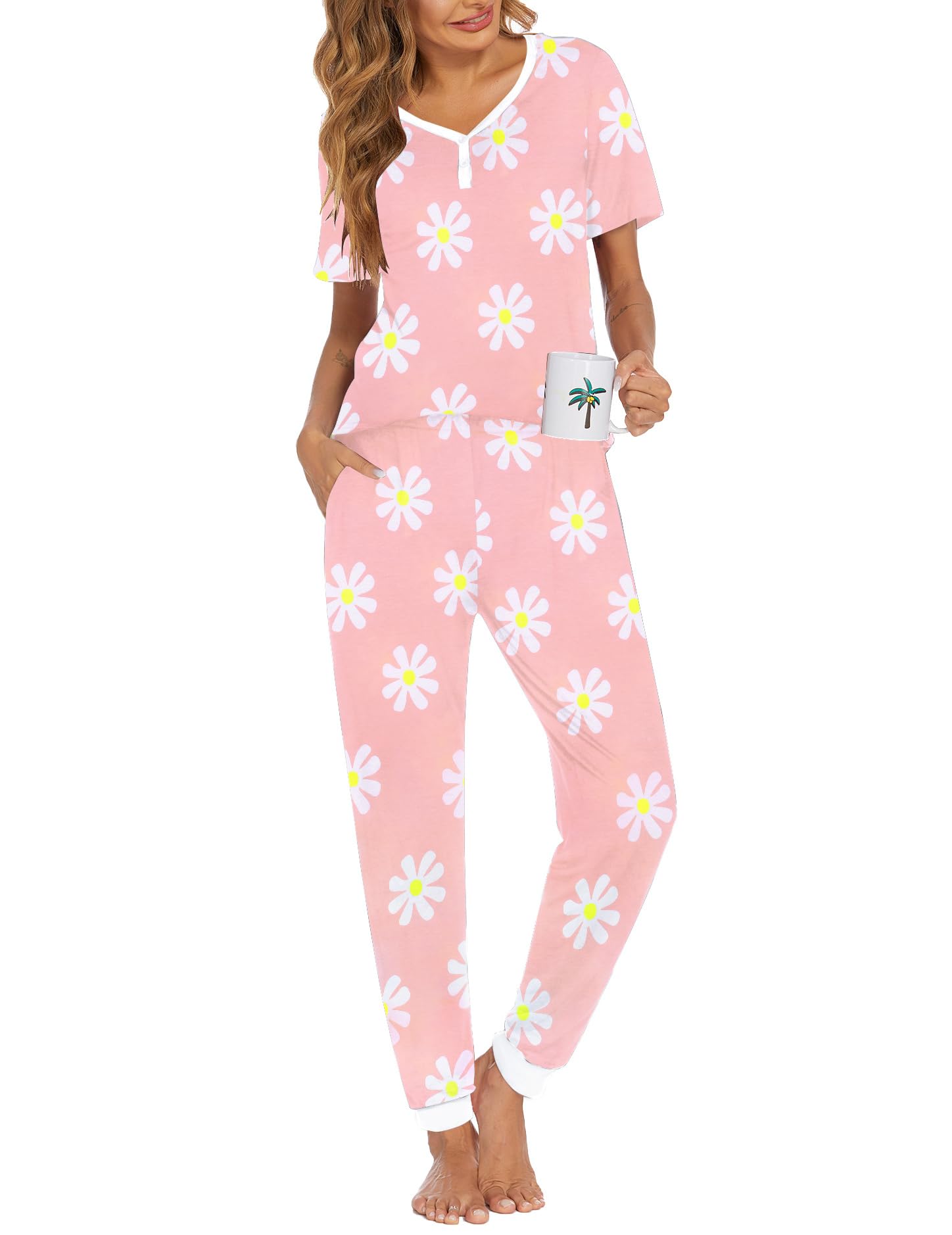 Ekouaer Pajamas for Women Set 2 Piece Lounge Set Short Sleeve Pjs Joggers Long Pants Sleepwear with Pockets