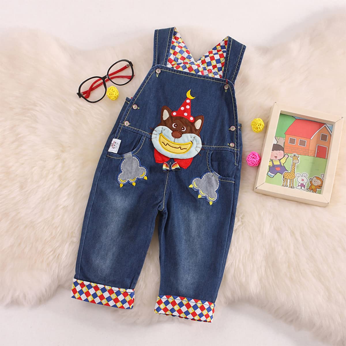 Niñas Peto Vaqueros Overalls Mono Pantalón Largo Ajustable con Animal Ajuste Holgado-Azul-sonreír Mapache -110