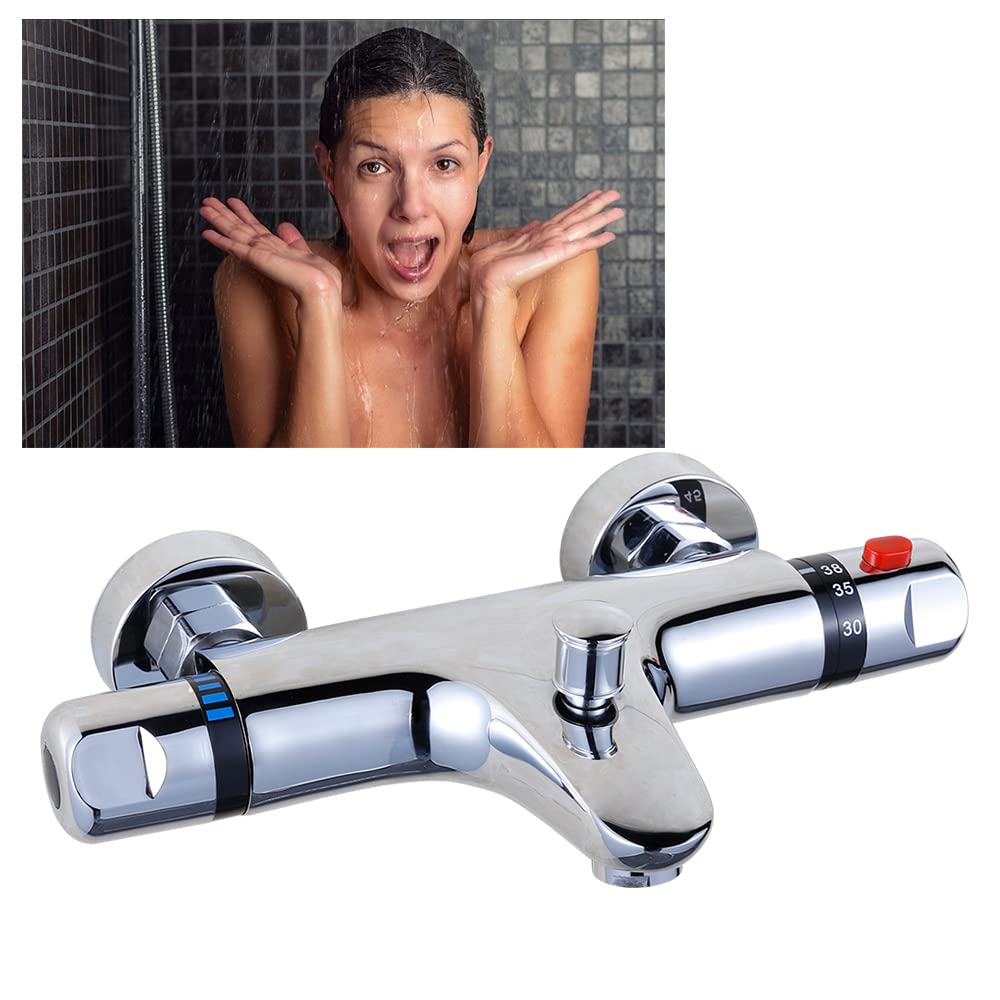 Grifo termostático de ducha con botón de seguridad, grifo mezclador de latón constante de 38 °C, montaje en pared para bañera y ducha, diseño de 2 asas, antiquemaduras, color plateado
