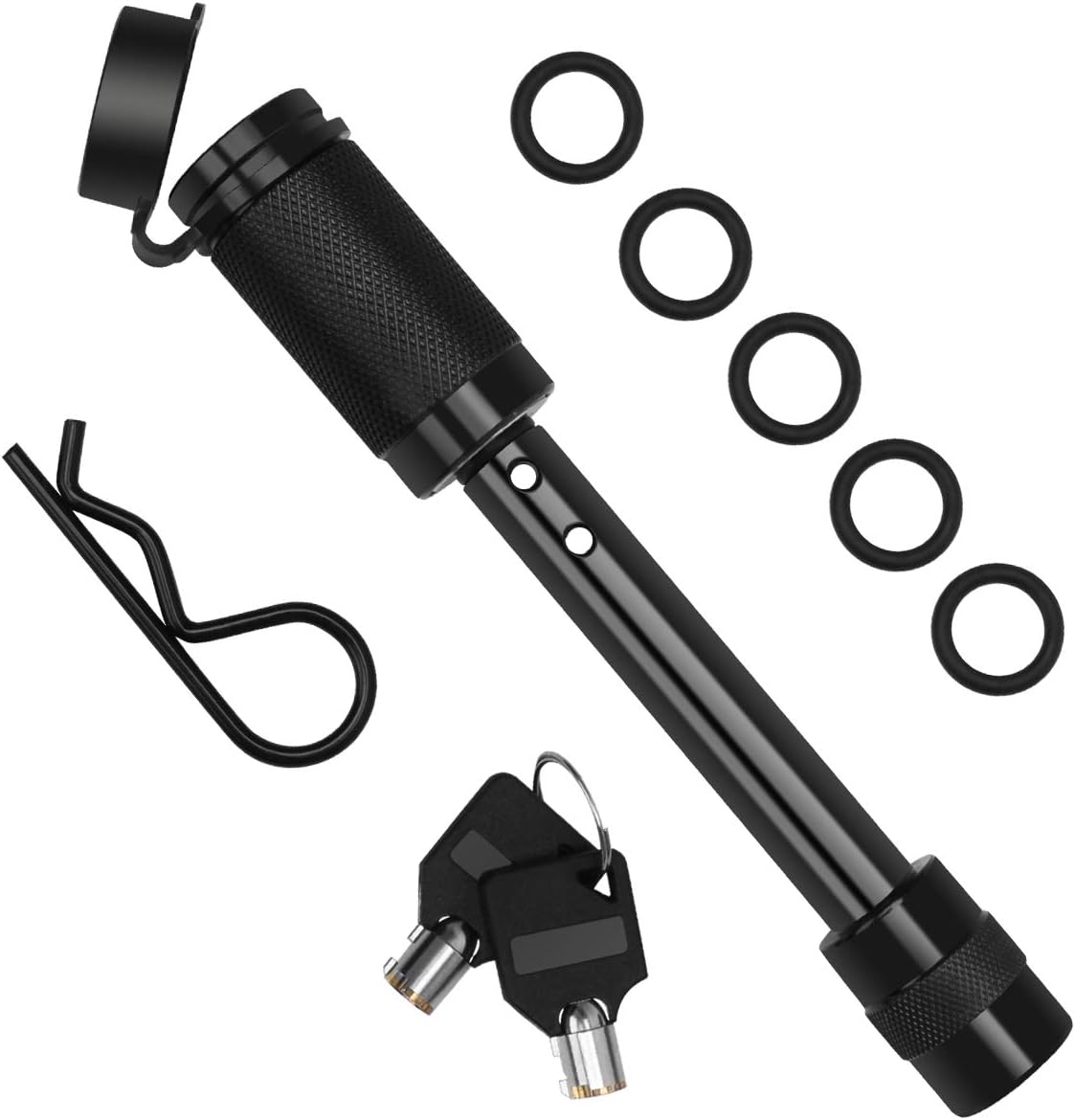 Coolrunner Trailer Hitch Lock Pin Set, 5/8" Extra Long Black Locking Hitch Pin, Heavy Duty Tow Hitch Receiver Lock with Anti-Rattle, Keys, Rubber Cap(5/8" Not Keyed Alike)