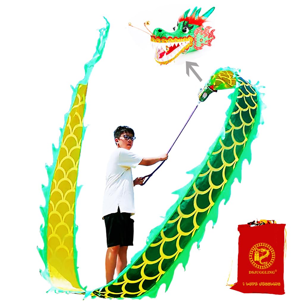 DSJUGGLING Lightweight Dragon Poi Set with 3D Head & Swing Rope for Beginners, Flowy Green Dragon Ribbon Streamer - Golden Green, 9.8 FT (3M)