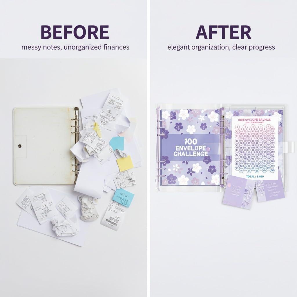 100 Envelope Savings Challenge, Libro del Risparmio A5, Budget Planner 5050€, con Buste Trasparenti e Chiusura Magnetica
