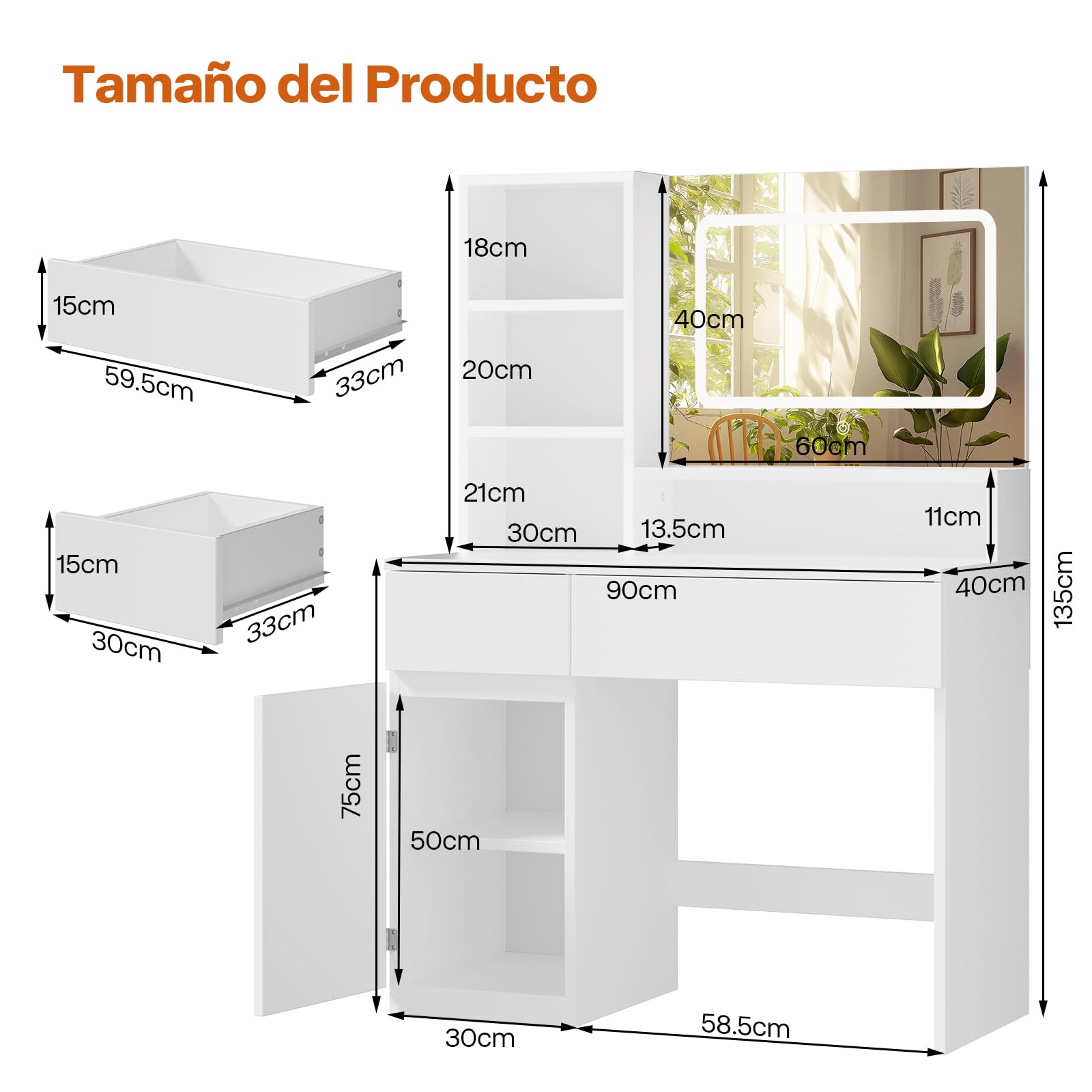 Airfish Tocador con Grande Espejo y Luces LED, Brillo Ajustable Tocador de Maquillaje con 3 Estantes Abierto y 4 Compartimentos Abiertos, Mesa de Maquillaje con Cajón Grande y Armario, Blanco
