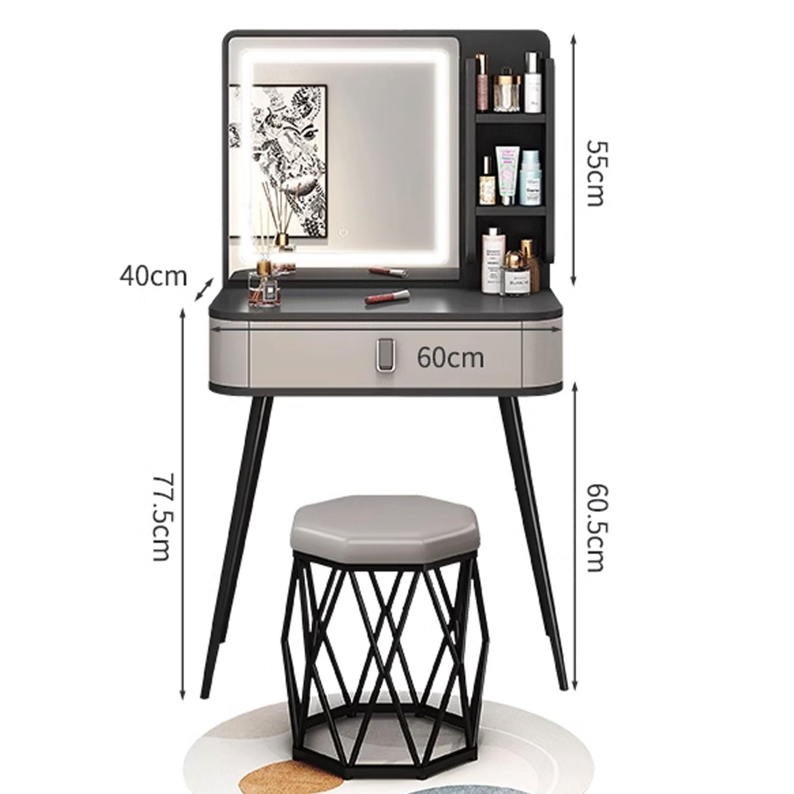 Toeletta Trucco Piccola con Sgabello, con Specchio Per Il Trucco Intelligente, Cassetti e Sgabelli di Grande Capacità, Eleganti e Semplici, Facili da Installare, Disponibili In Più Dimensioni ( Color