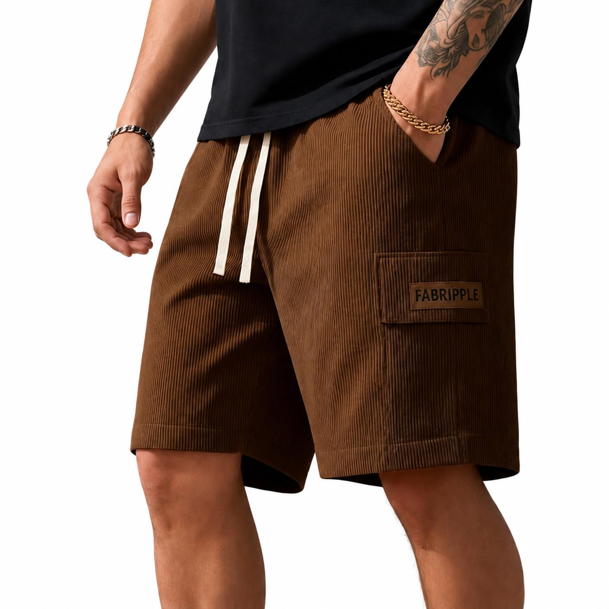 dbax Men's Black Ribbed Cargo Shorts | Textured Corduroy Style Fabric | Elastic Waist with Drawstring | Relaxed Fit Casual Summer Shorts-picture-40
