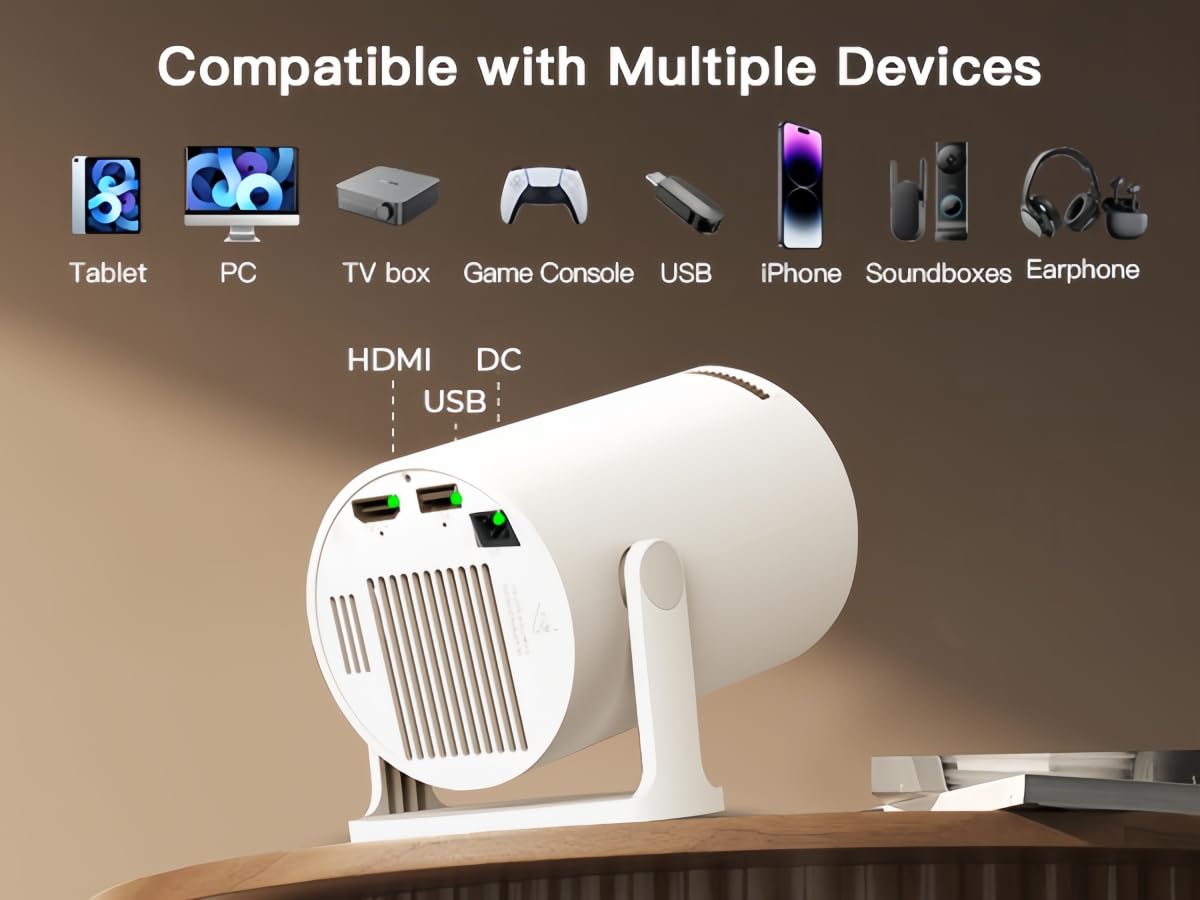 Mini Proiettore con WiFi e Bluetooth Integrato, Android 14, Supporto 1080P 4K, Proiettore Portatile, Rotazione 180°, Versione Aggiornata HY300 Pro+, per Uso Domestico ed Esterno LYNCAST