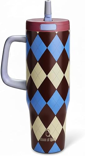 House of Quirk 1200ML Stainless Steel Tumbler with Handle & Pop-Up Lid, Leakproof Travel Cup, Fits Car Cup Holder (Retro Plaid)