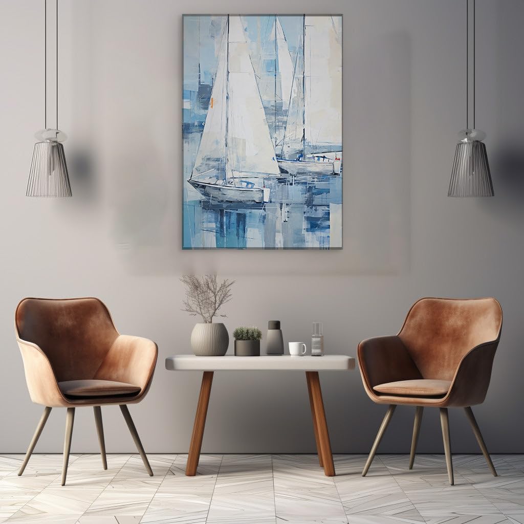 Canvas for Living room. Sailboats of Serenity: A Tranquil Harmony in White and Blue, 27 x 18 inch Canvas Wall Art - Ready to Hang - 69x46 cm (27x18 inch)