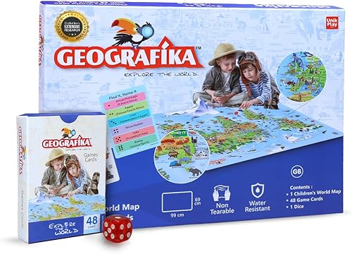 UnikPlay Geografika - Juego de mapas del mundo, noche de juegos, juegos de mesa atractivos para niños de 6 a 8 años, juegos para niños de 4 a 8