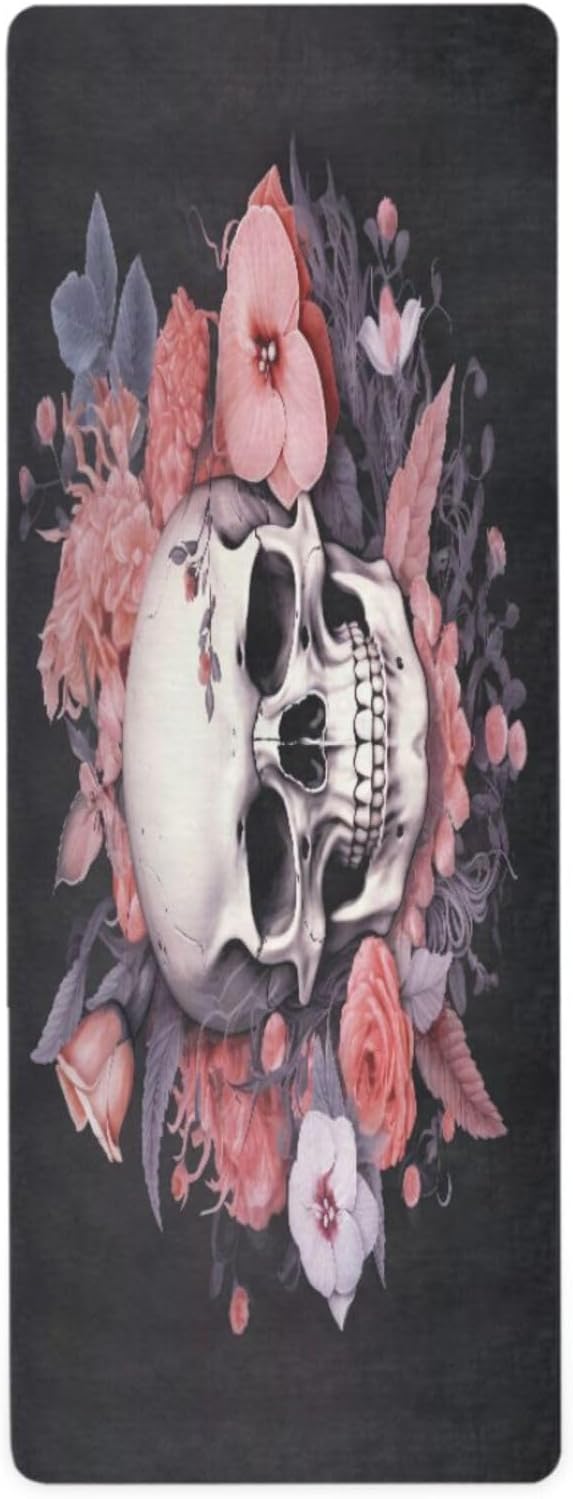 Rose Floral Sugar Skull Yoga Mat Non Slip Thick Pilates Fitness Mats Portable Exercise Mats for Home Workout Gym 71 * 26 inches