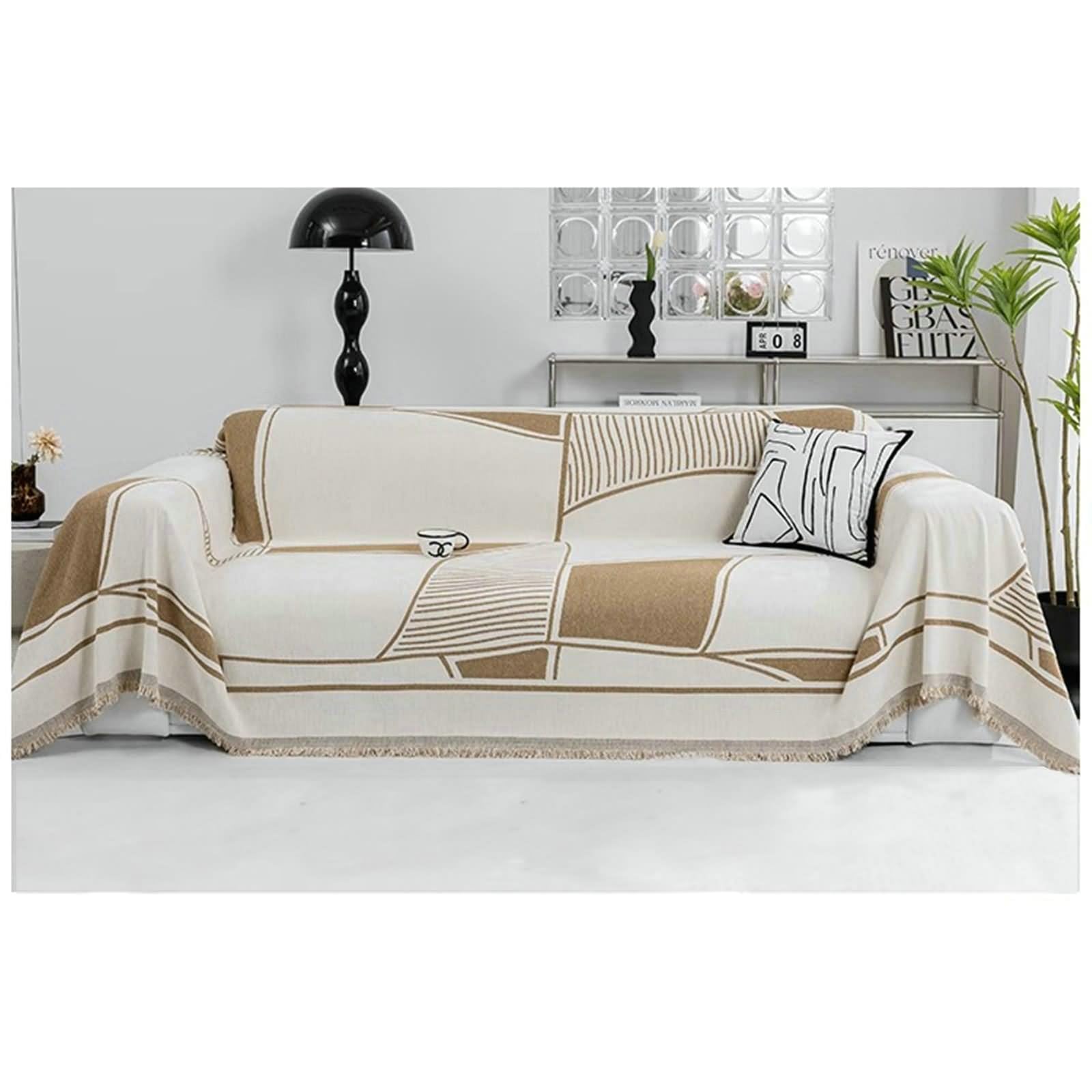 Couvre Canape Grande Taille, Housse de Canapé Blanc Café Motif Géométrique Chenille 3 Places 180x340cm