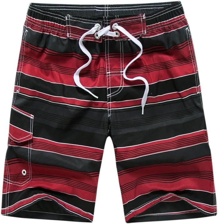 Gymleader Men's Swim Trunks Striped Quick Dry Beach Board Shorts with Mesh Lining-RD-M Red