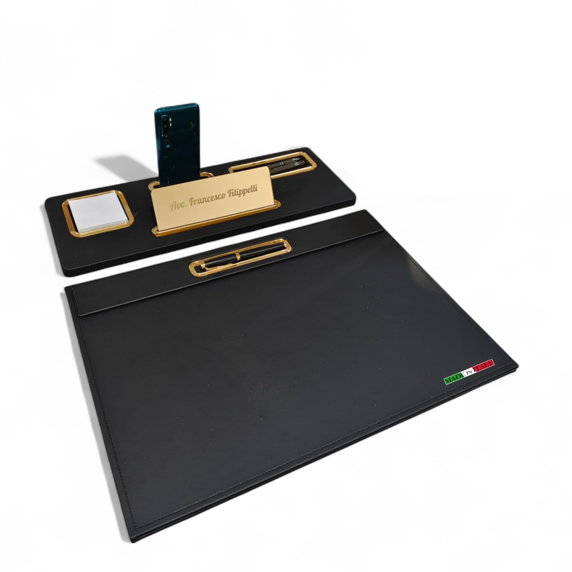 Oggettando Set Scrivania in eco pelle PU Nera, 5in1 Organizer con Supporto smartphone, Porta Penne, Porta bigliett, Portacarte ades, Cavaliere pers, Sottomano per Ufficio, Casa (ACR. ORO)