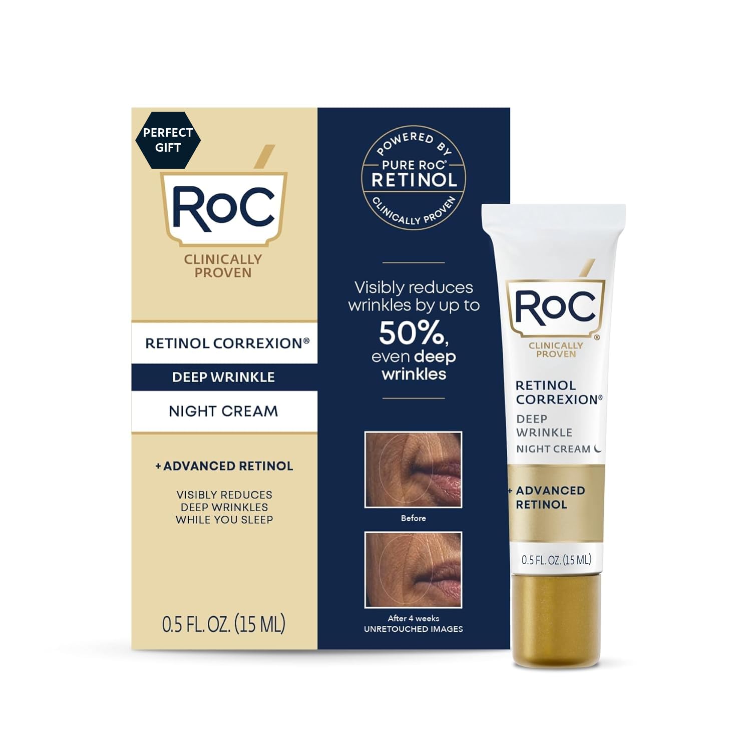 RoC Retinol Correxion Deep Wrinkle Anti-Aging Night Cream, Daily Face Moisturizer with Shea Butter, Glycolic Acid and Squalane, Skin Care Treatment, Mini 0.5 Ounces (Packaging May Vary)
