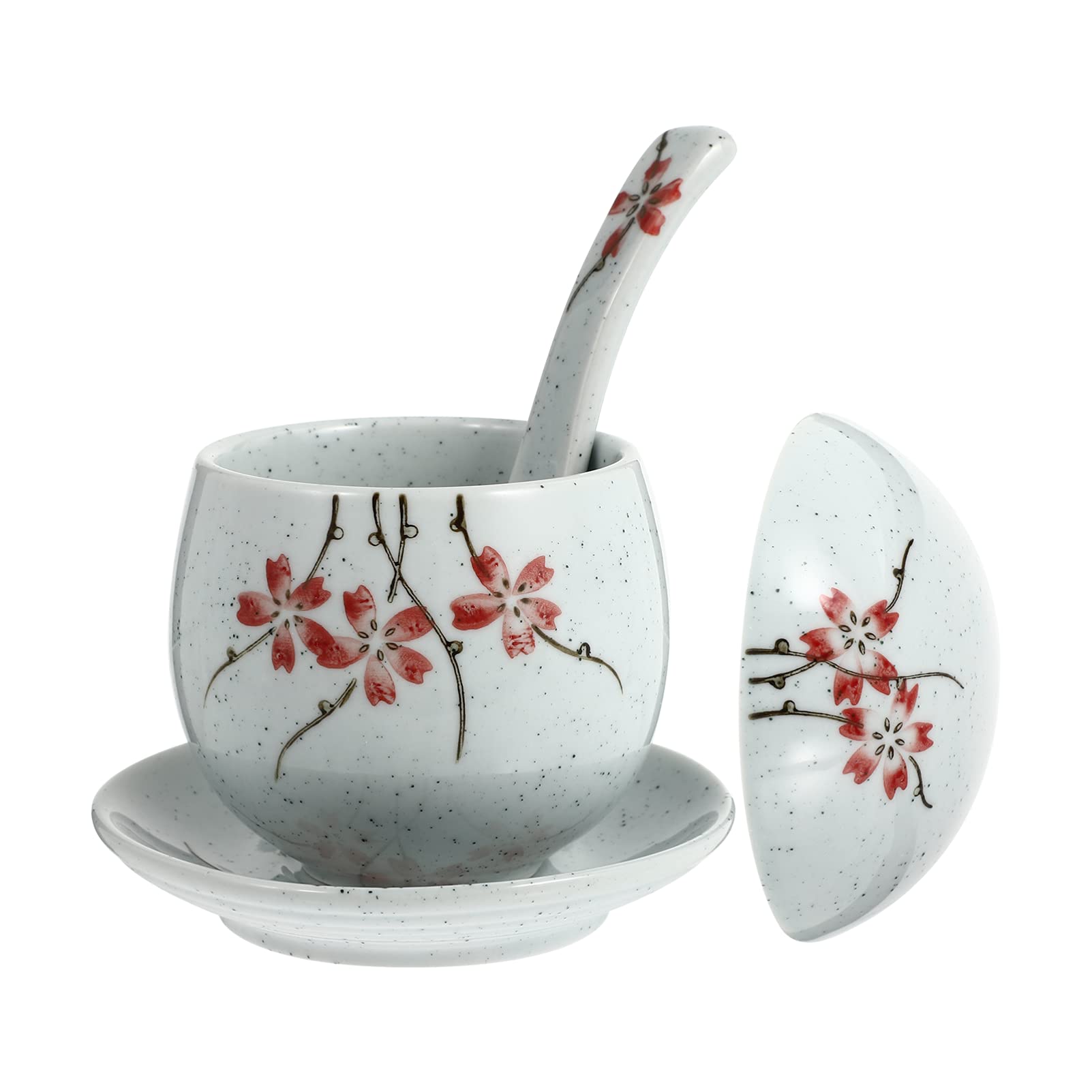 MYUYEE Soup Pot Mini Ceramic Stew Pot Miso Soup Bowl With Lid Tray Spoon Bowl For Bird Nest Dessert Soup Salad Pasta Red