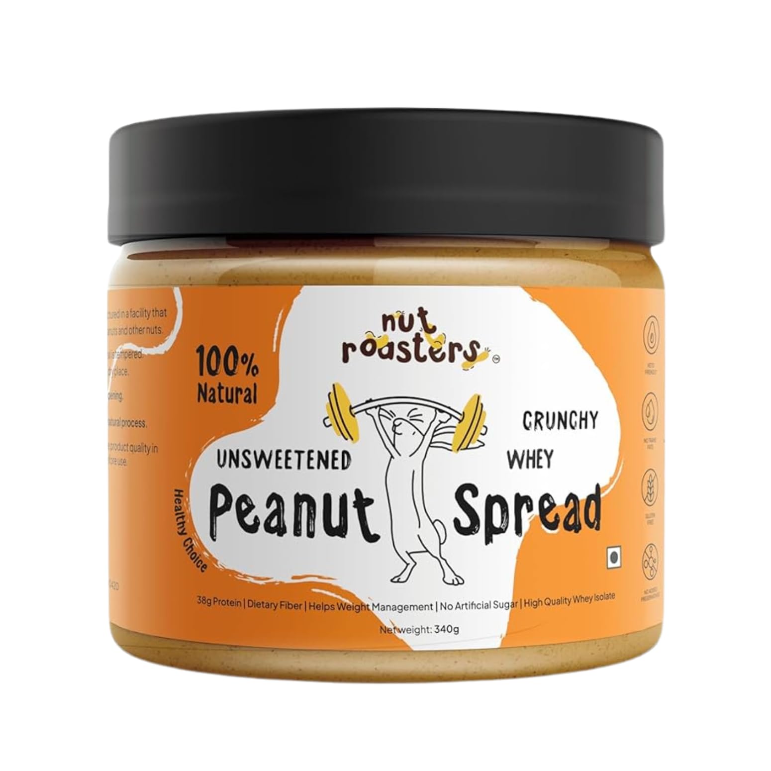 Nut Roasters Crunchy Peanut Butter 340g | Unsweetened Whey Crunchy Flavour | 38g Protein | Tasty & Healthy Nut Butter Spread for Breakfast | Cholesterol Free | Vegan | No Added Sugar | Roasted Peanuts