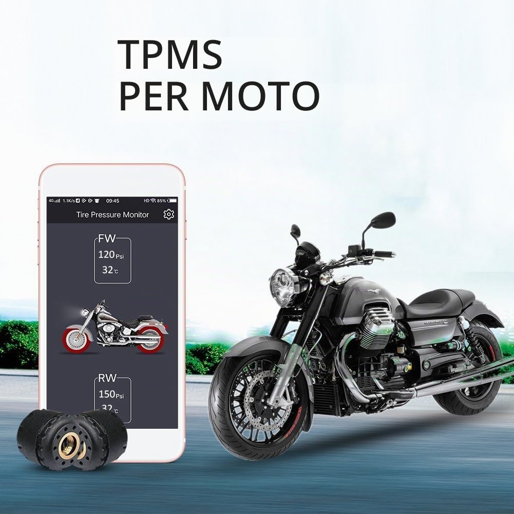 Moto Bluetooth Sistema di Monitoraggio Pressione Pneumatici TPMS Telefono Mobile APP Rilevamento 2 Sensori Esterni (Nero)