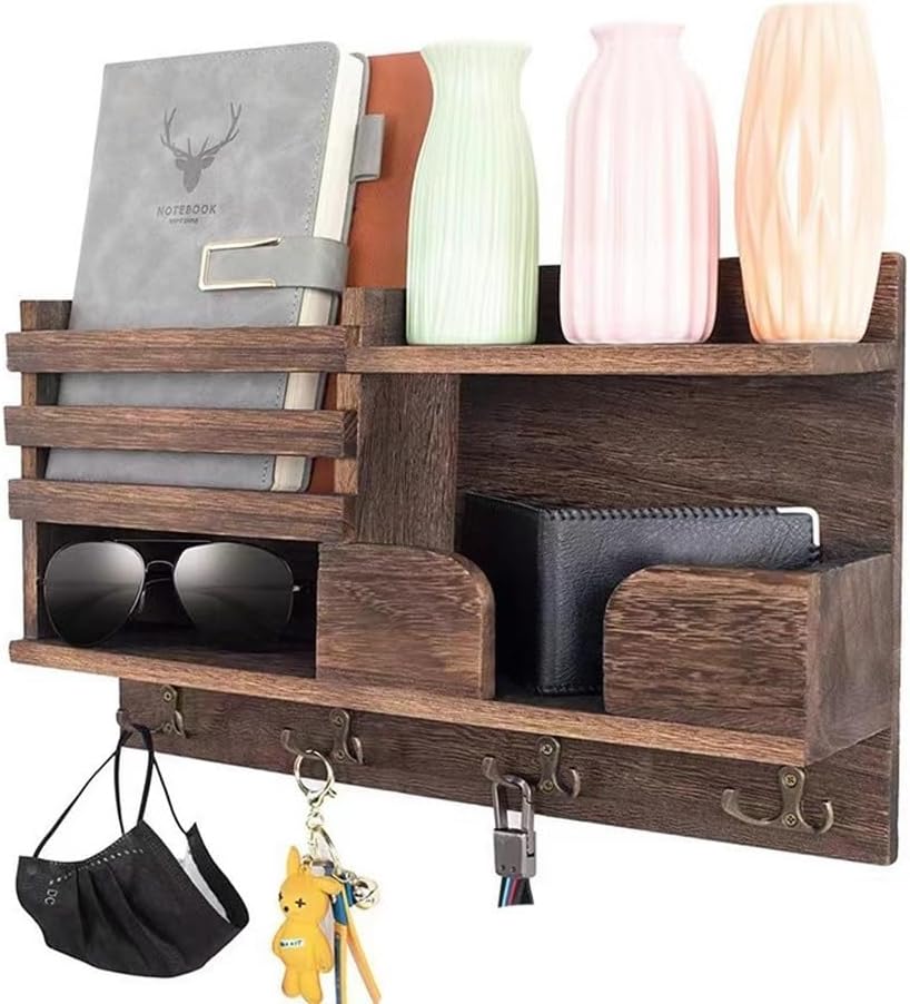 木製壁掛けキーホルダー 装飾キーハンギングラック デュアルフック4個付き 玄関/廊下/オフィス/素朴なホームデコレーション用