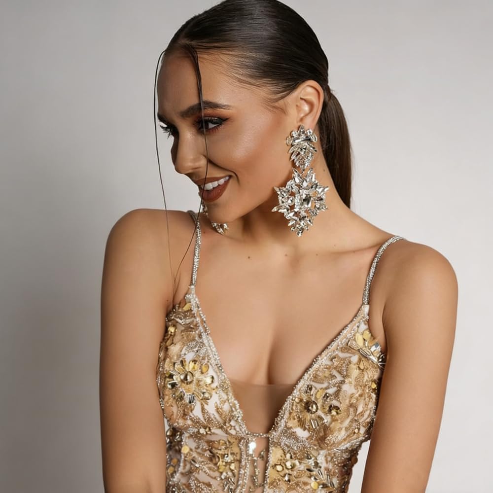 Silver Chandelier Earrings for Women Trendy, Oversized Big Crystal Rhinestone Statement Earrings Dangling Formal Pageant Earings Drag Queen Jewelry - Image 2