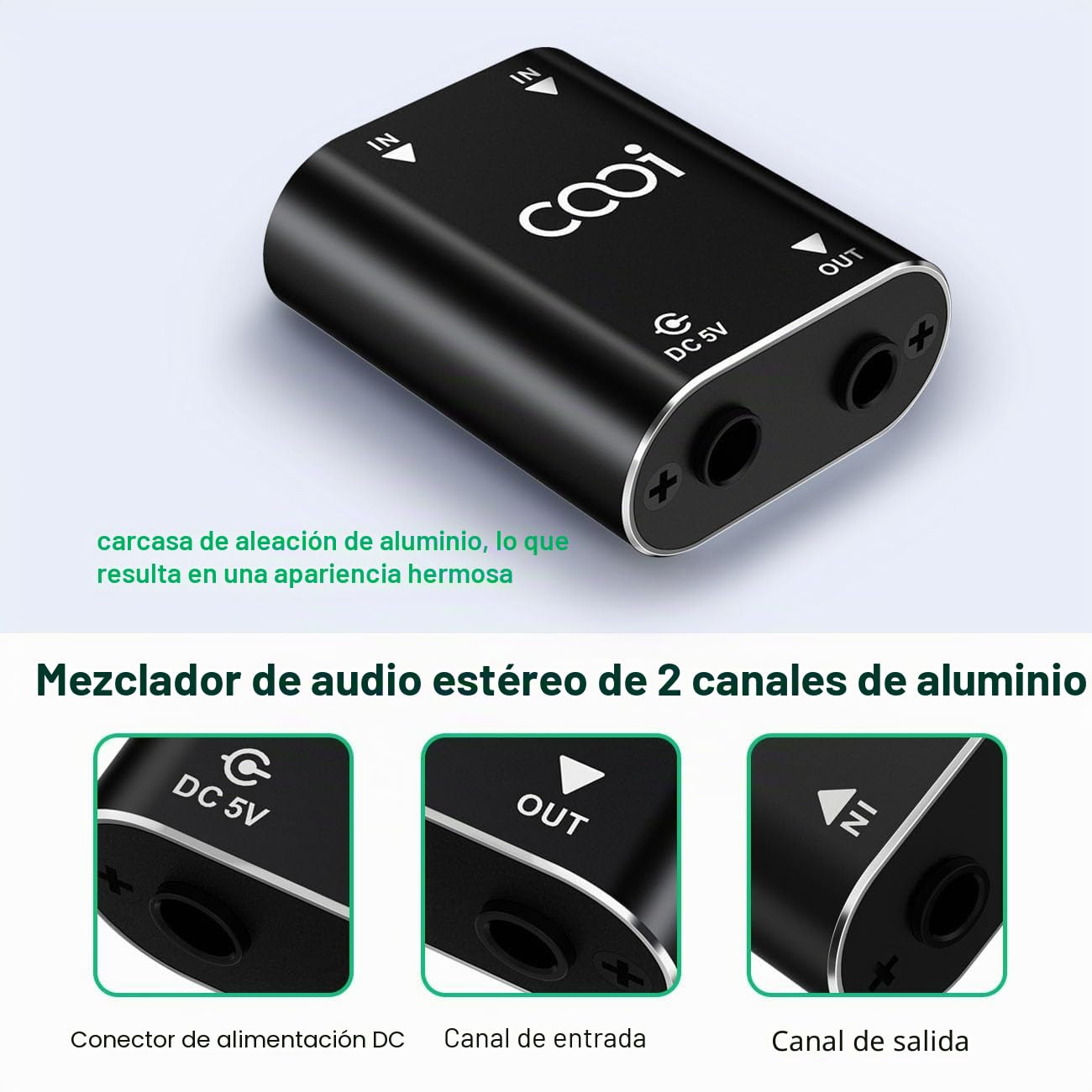 Cooidea 2 Channel Stereo Audio Mixer - Guscio in Metallo, Interfaccia AUX Supporta 2 Ingressi e 1 Uscita Mini Miscelatore Stereo Include Cavi Audio da 1 Metro - Per PC, Telefono, Laptop, Cuffie