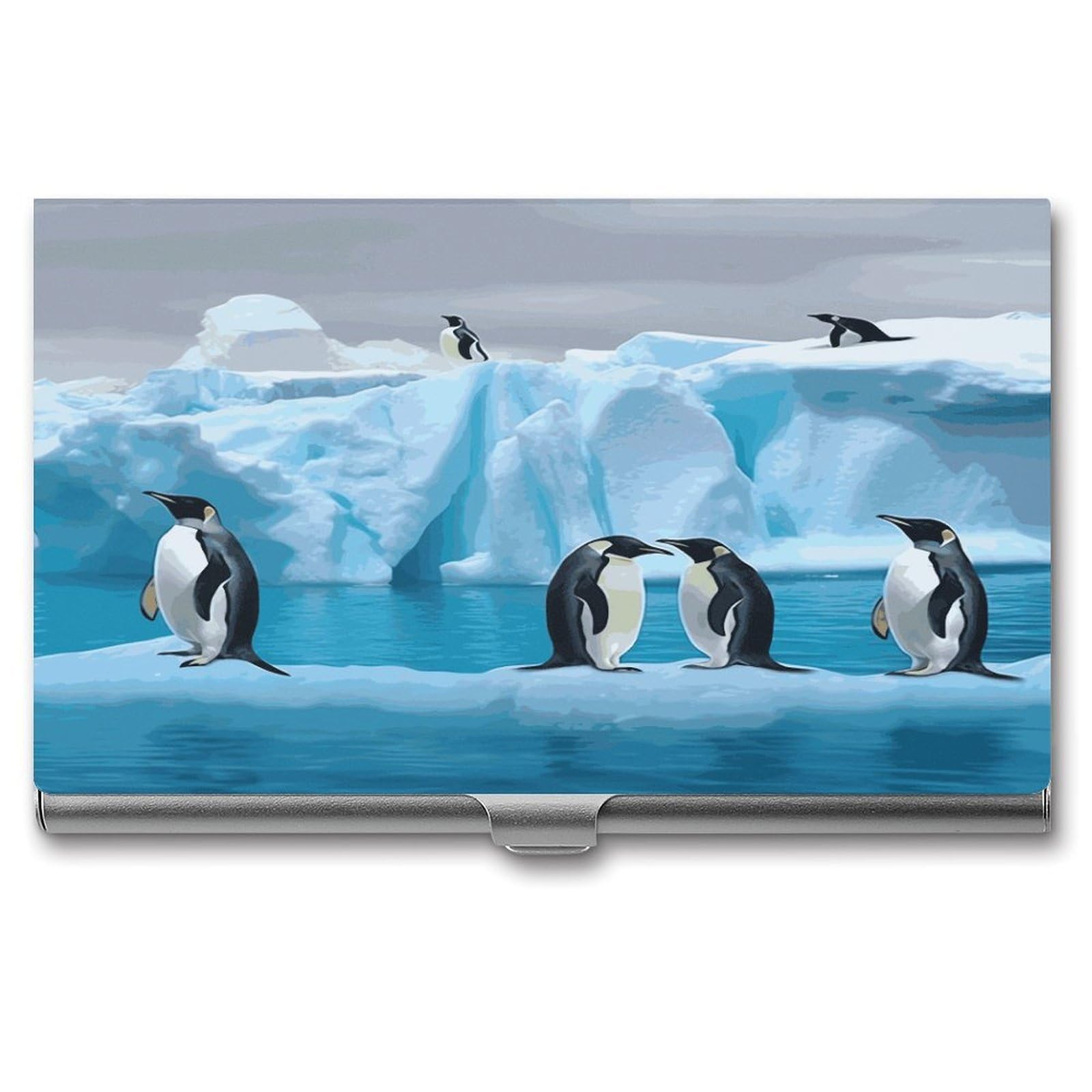 LDGSUPH Penguins On The Iceberg Business Card Holder Fashion Slim Name Card Holder Minimalist Design Case Metal Card Carrier Personalized Business Card Case with Flip for Men Women