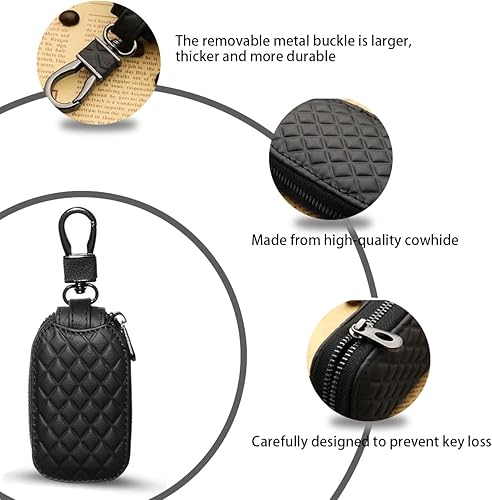 Miniatura 3 de Funda para llave de automóvil, funda de cuero genuino para llavero con gancho de metal, bolsa universal con cremallera para llavero de vehículo