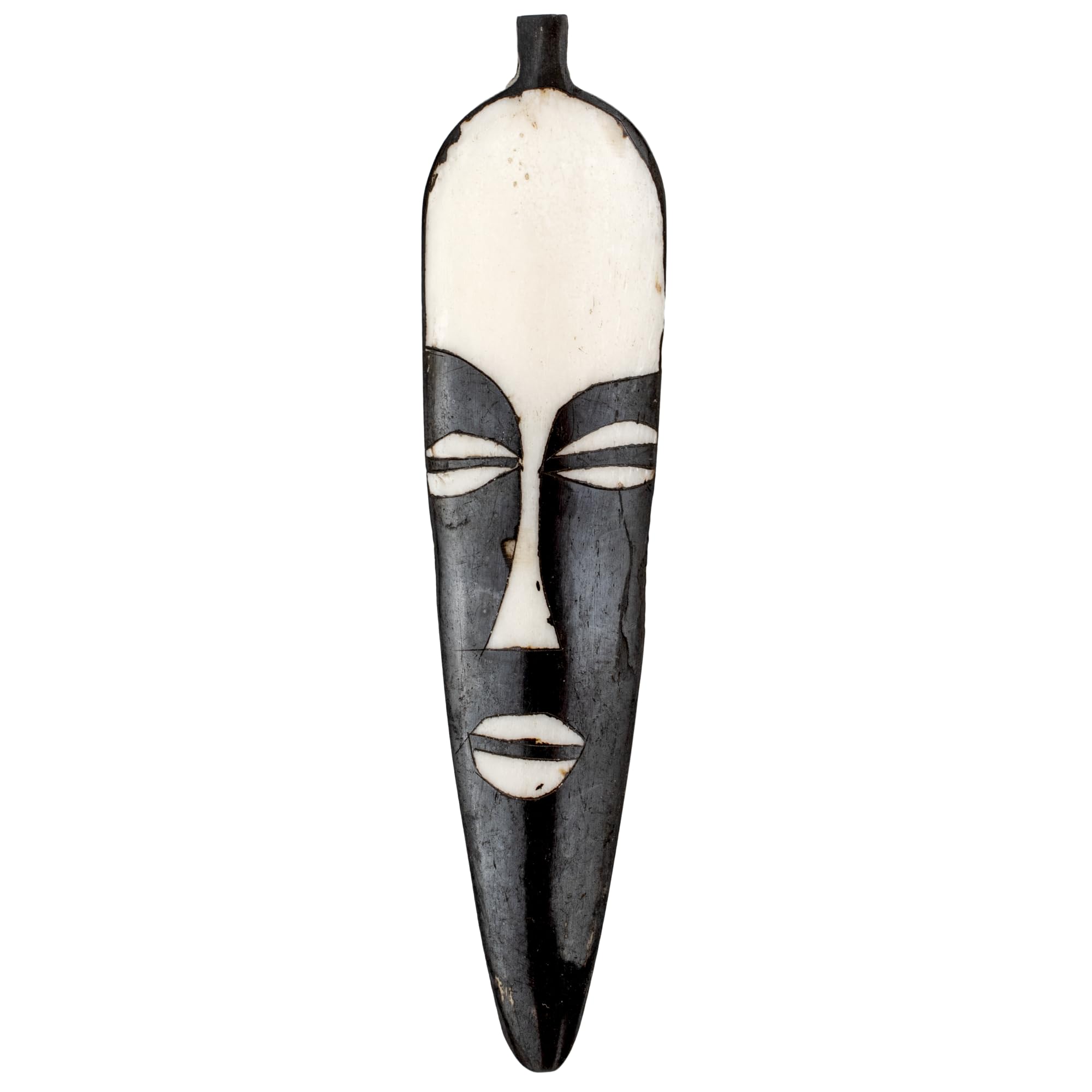 The Bead Chest Elongated Mask Batik Bone Feather Pendant 100x22mm Kenya African Black and White Flat Handmade