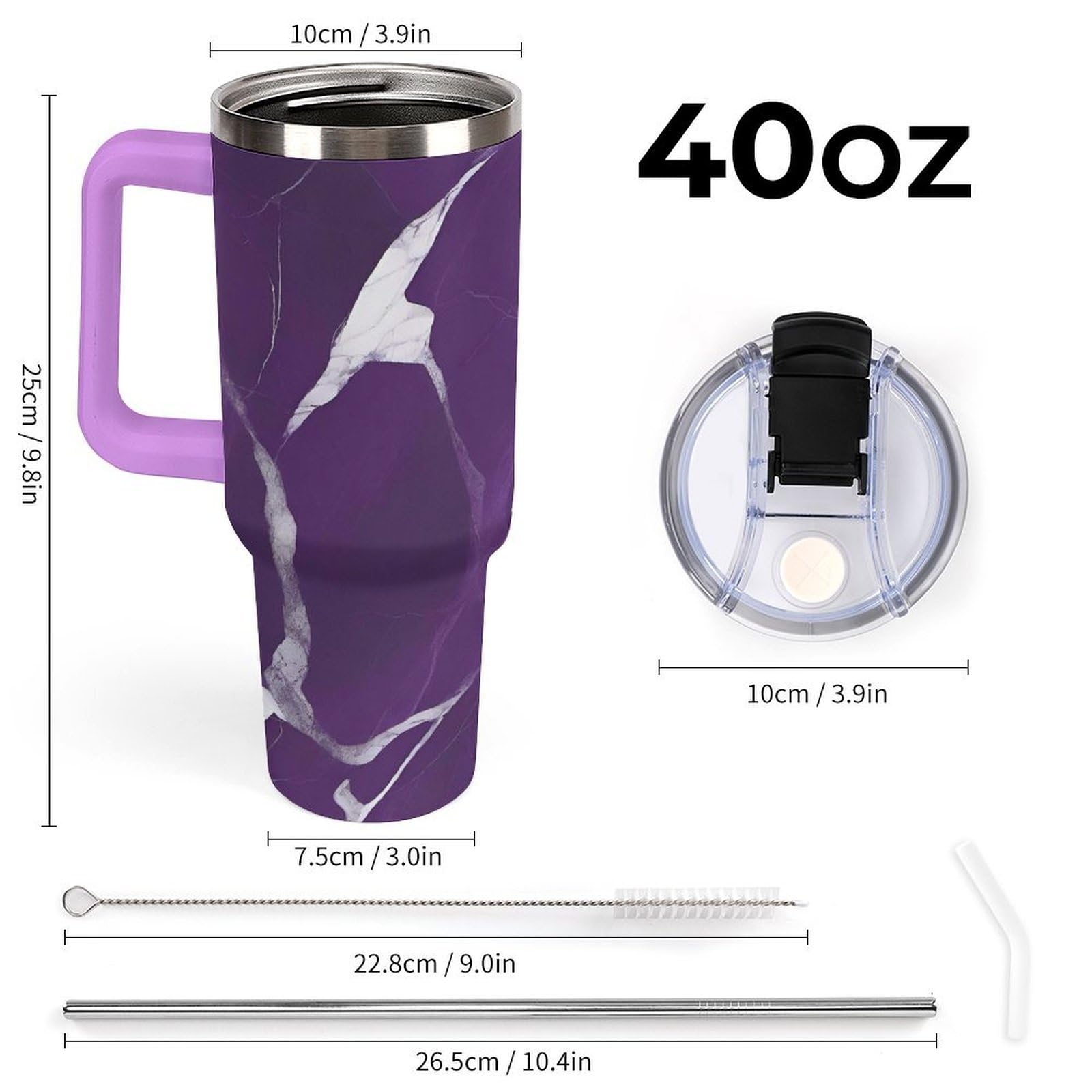 Autobecher aus 304 Edelstahl, 1,2 l, dunkelviolette Textur, Becher mit Strohhalm und auslaufsicherem Deckel, großes Fassungsvermögen, vakuumisolierter Reisebecher für Auto-Becherhalter