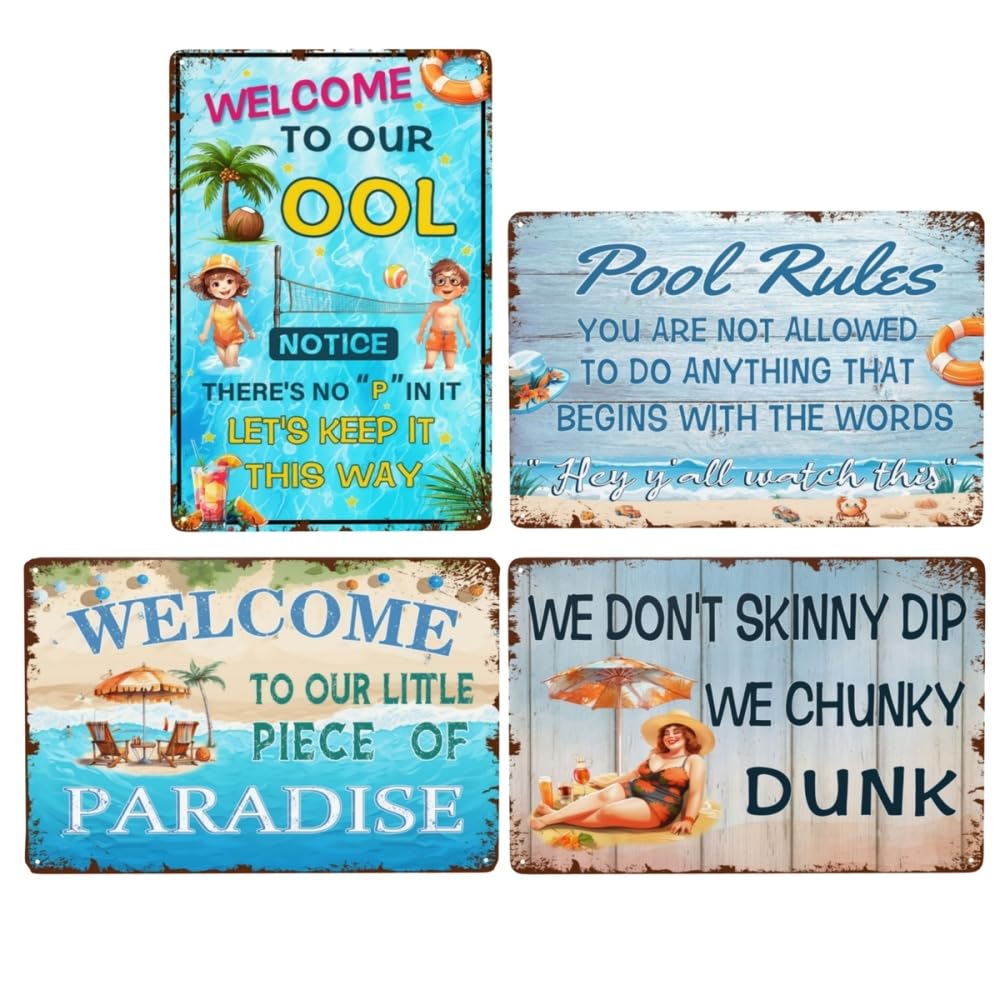 Pool Signs For Outside, Bundle Swimming Pool Decor Metal Tin Signs Pool Area Decorations Beach Welcome Signs 12x8 Inch Funny Pool Rules Tin Signs For Beach Home Garden Outdoor Signs Wall Decor