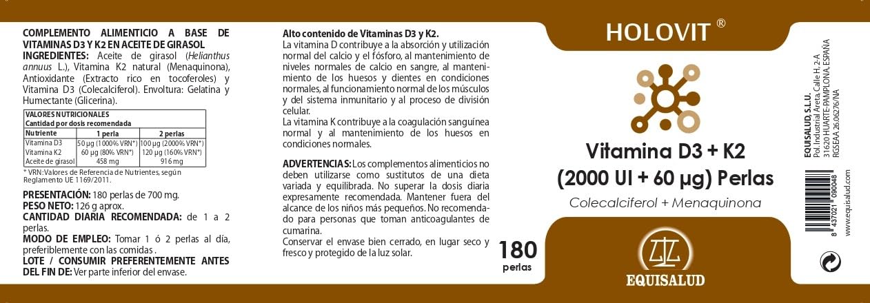 Holovit Vitamina D3 2000 UI + K2 60 µg – 180 Perlas | Con Vitamina D3 (Colecalciferol) y Vitamina K2 Natural (Menaquinona) | Contribuye al Mantenimiento de los Huesos y Sistema Inmunitario | Equisalud