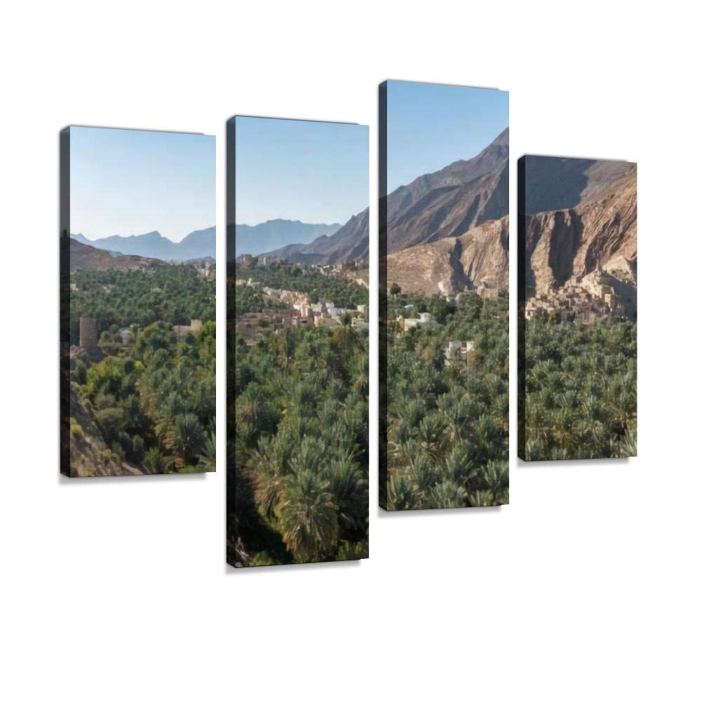 Birkat Al Mawz, Hajar Mountains, Oman Canvas Print Artwork Wall Art Pictures Framed Digital Print Abstract Painting Room Home Office Decor Ready to Hang 4 Panel