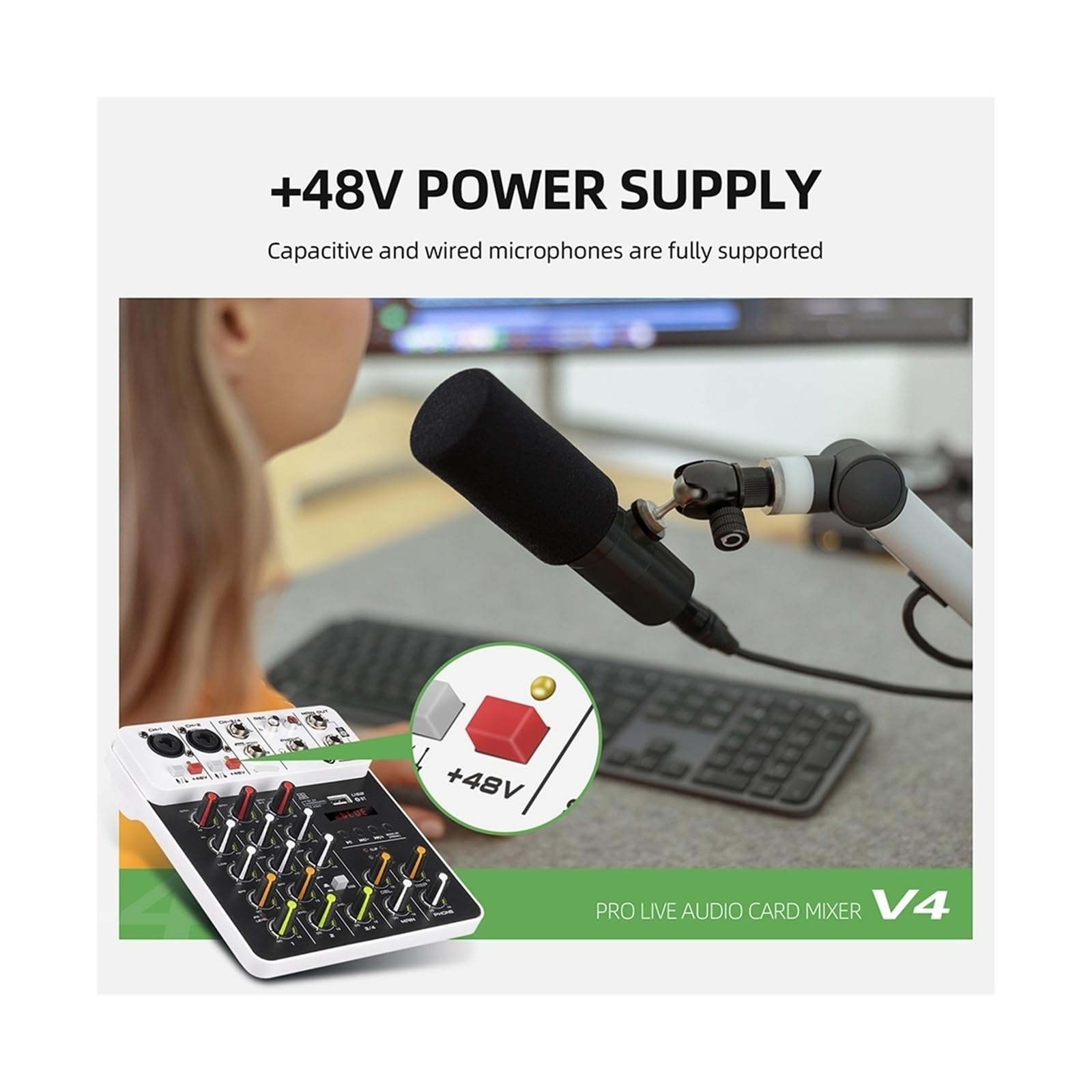 Mezclador de audio, Consola de mezcla sonido V4, computadora grabación USB, alimentación fantasma 48 V, efecto retardo, mezclador 4 canales