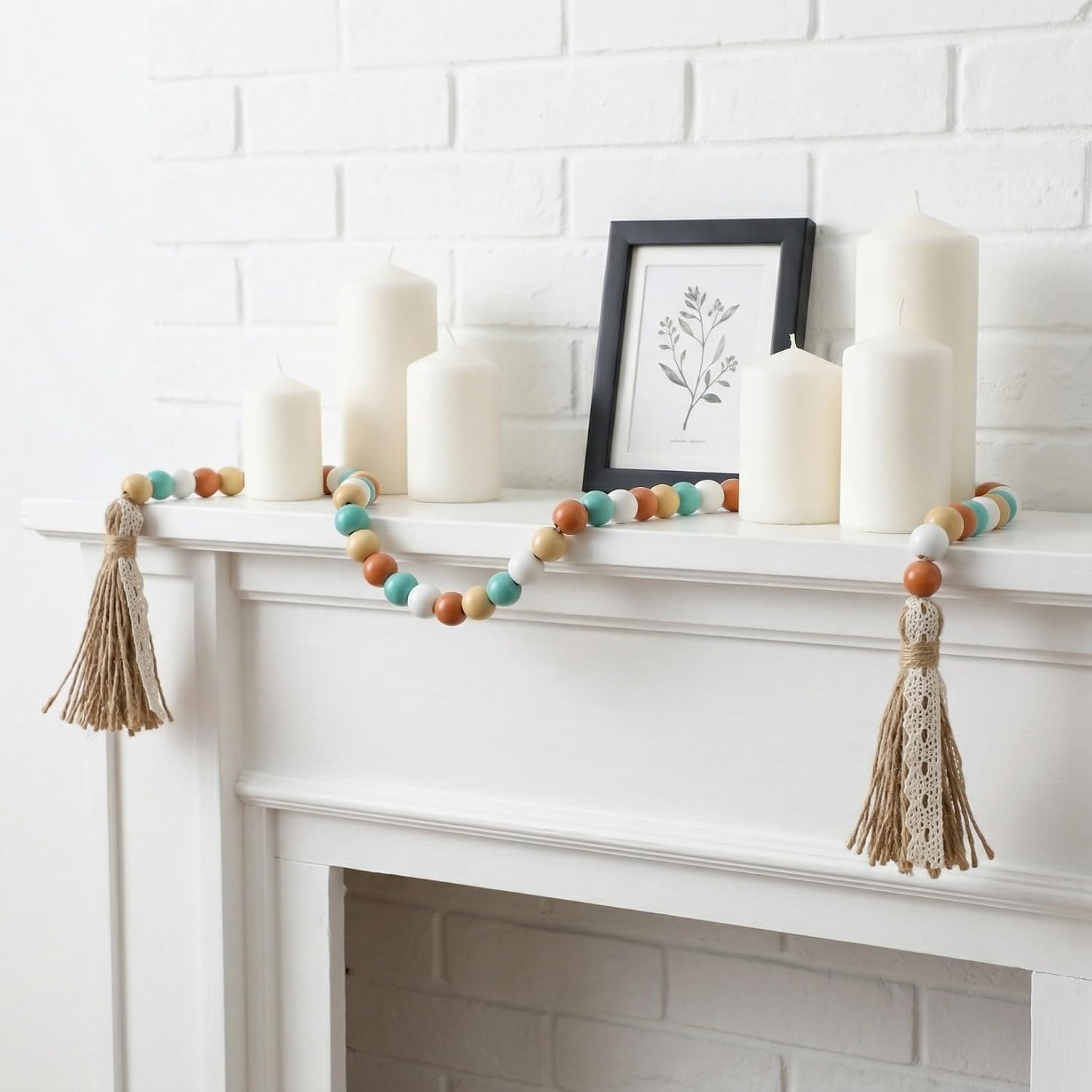 Wood Beads Garland with Tassels, 42.4in Farmhouse Rustic Style Colorful Wood Beads String, Large Antique Wooden Prayer, Boho Home Festival Decor Garland Rosary Rope