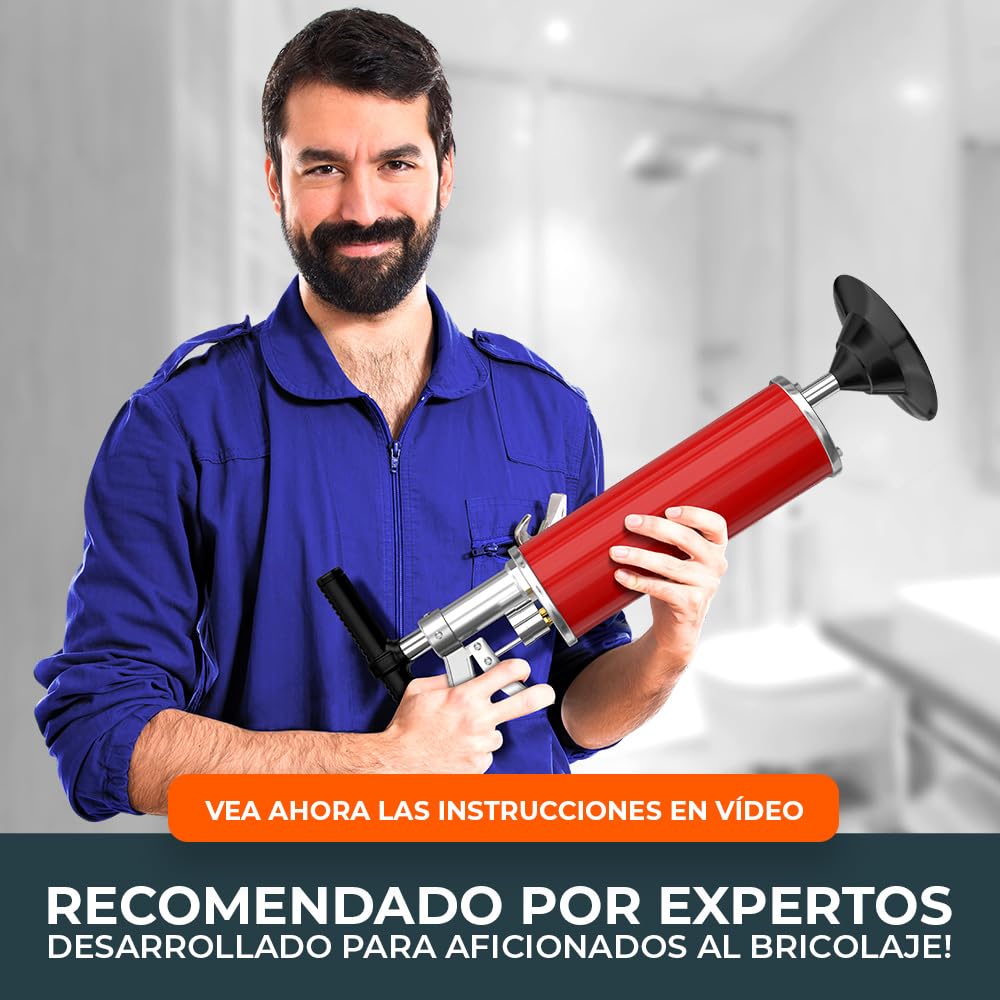 Bomba de limpieza de tuberías XXL [8 bares] - Bomba de drenaje para una limpieza eficaz de tuberías - Limpiador de tuberías de aire comprimido ideal para industria, cocina, baño e inodoro