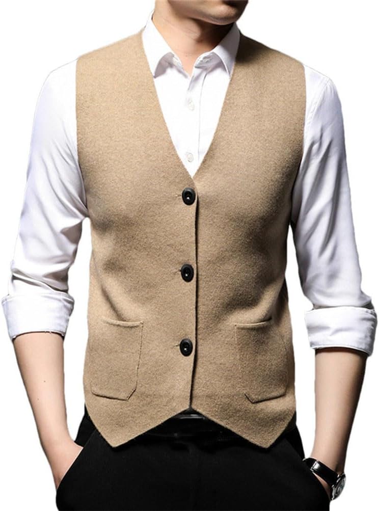 Men's Wool Knit Cardigan Vest Sleeveless Sweater Slim Fit Business Casual V Neck Autumn Winter Waistcoat