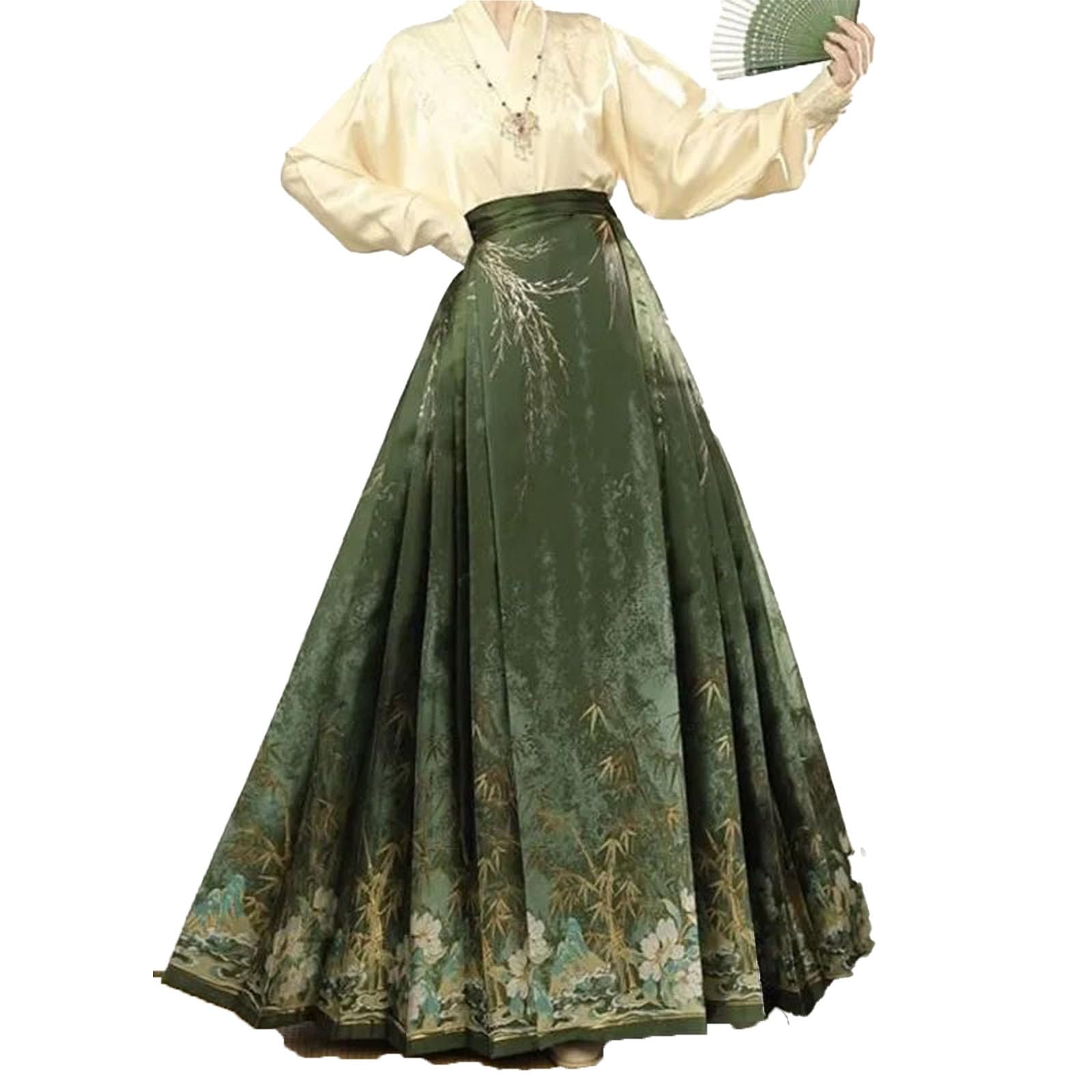 FASWAR Ming Dynasty Hanfu Horse Face Skirt Women Pleats Skirt Chinese Traditional Hanfu Dress Horse Face Skirt for Party (Color : Green, Size : L)