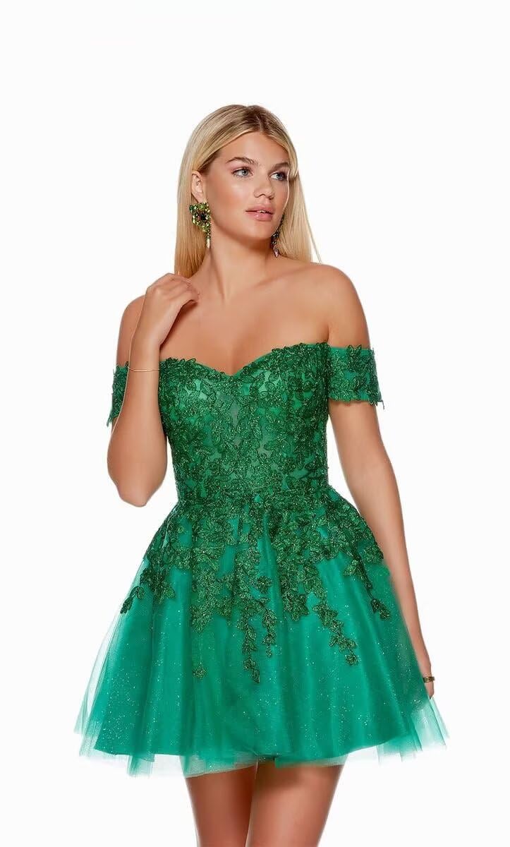 Basgute Vestidos cortos de encaje con apliques de encaje para adolescentes, tul con purpurina, hombros descubiertos, vestido formal de cóctel