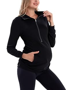 GINKANA Maternity Womens Long Sleeve Shirt Half Zipper Lapel Lightweight Casual Maternity Pullover with Pockets