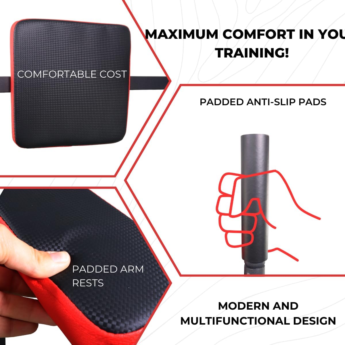 Close-up images showing the comfortable padded backrest and armrests of the Mobiclinic MultiFit Power Tower