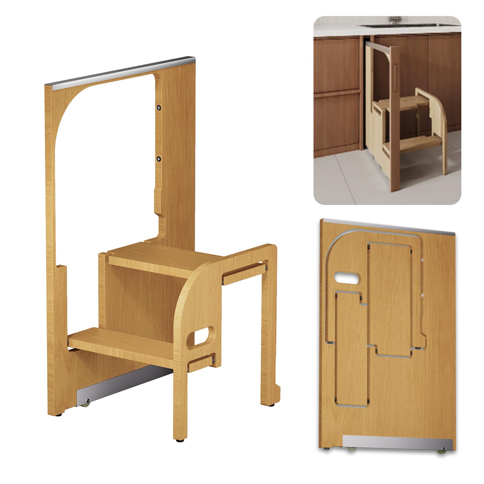 Klappbarer Tritthocker für Erwachsene, zusammenklappbarer Tritthocker aus Holz für die Küche, 200 kg Gewichtskapazität, schmaler Schlitz, versteckter Klapphocker, platzsparend, 2 Stufen