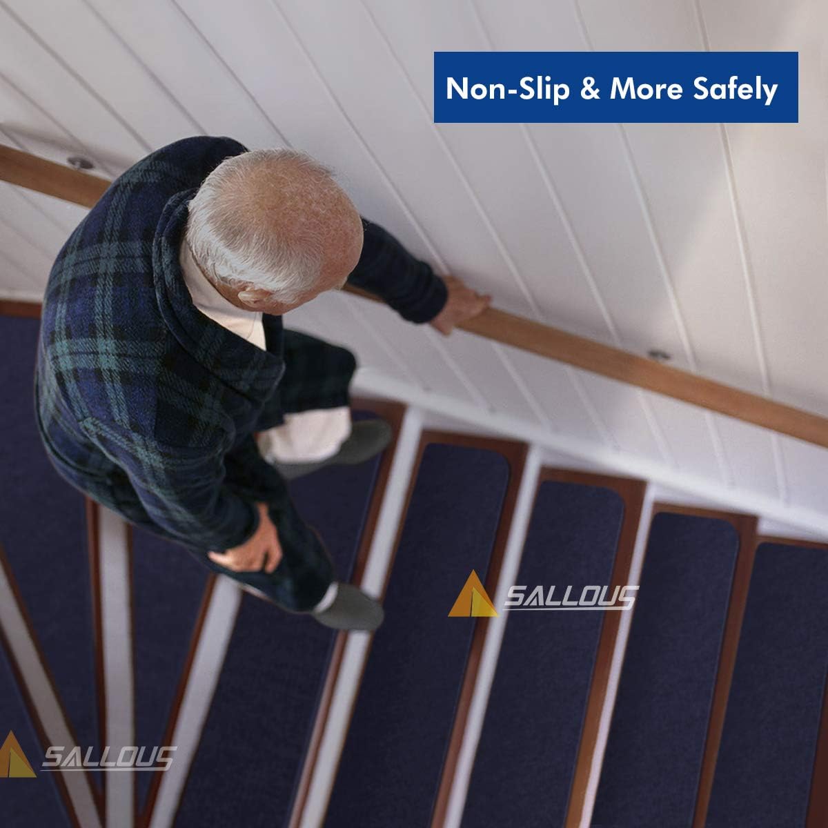 SALLOUS Stair Treads Carpet Non Slip, Set of 15 Stair Runners for Wooden Steps, 7.5"x30" Safety Carpet Stair Treads for Kids Elders and Pets, Stair Strips for Indoors and Outdoors (Dark Blue) - - 