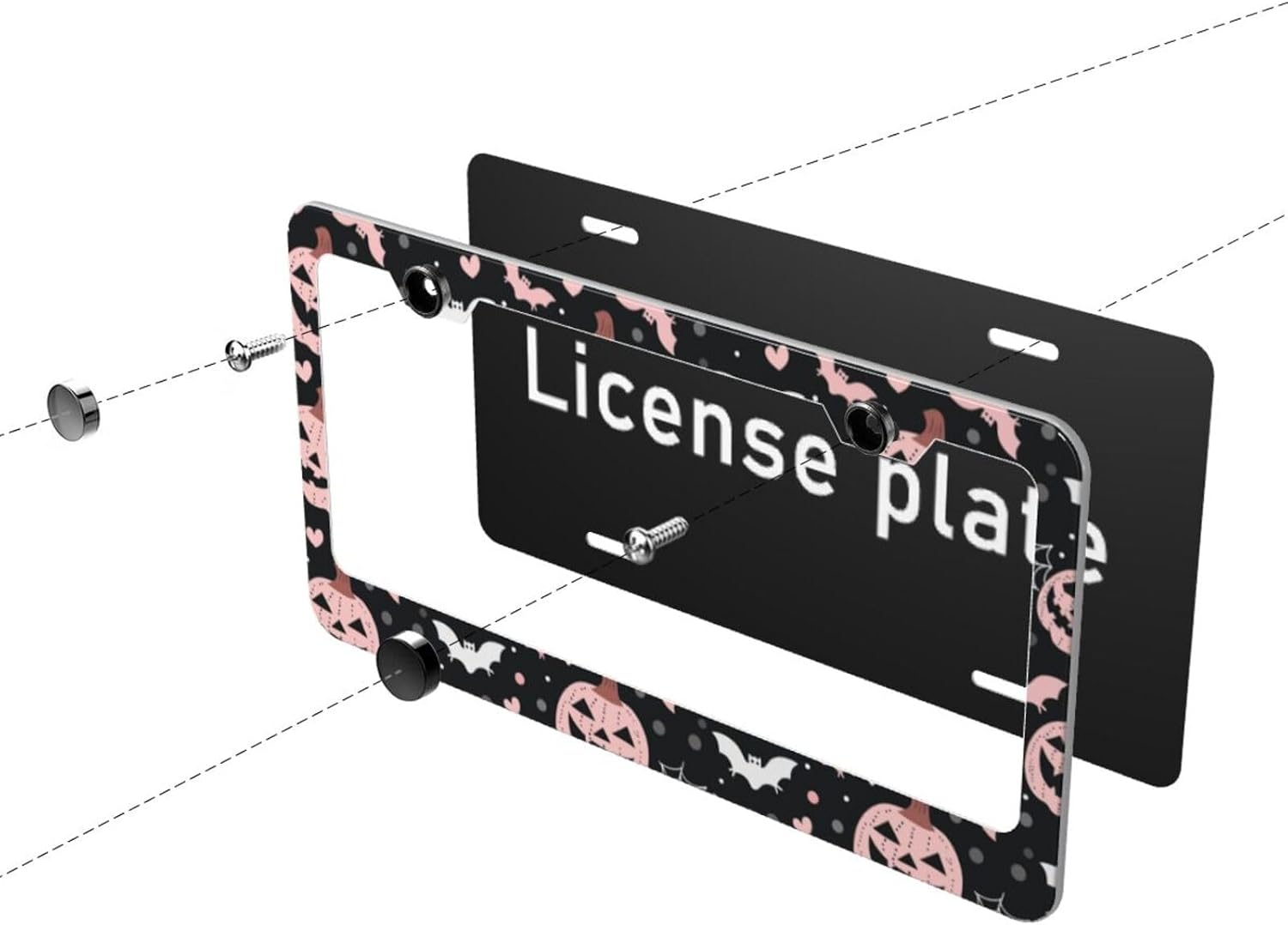 Bats Spider Webs Pink White Matte Aluminum License Plate Frame with Black Screw Caps，2pcs 2 Holes Black Licenses Plates Frames,Car Licenses Plate Covers Holders for Us Vehicles/Women/Men