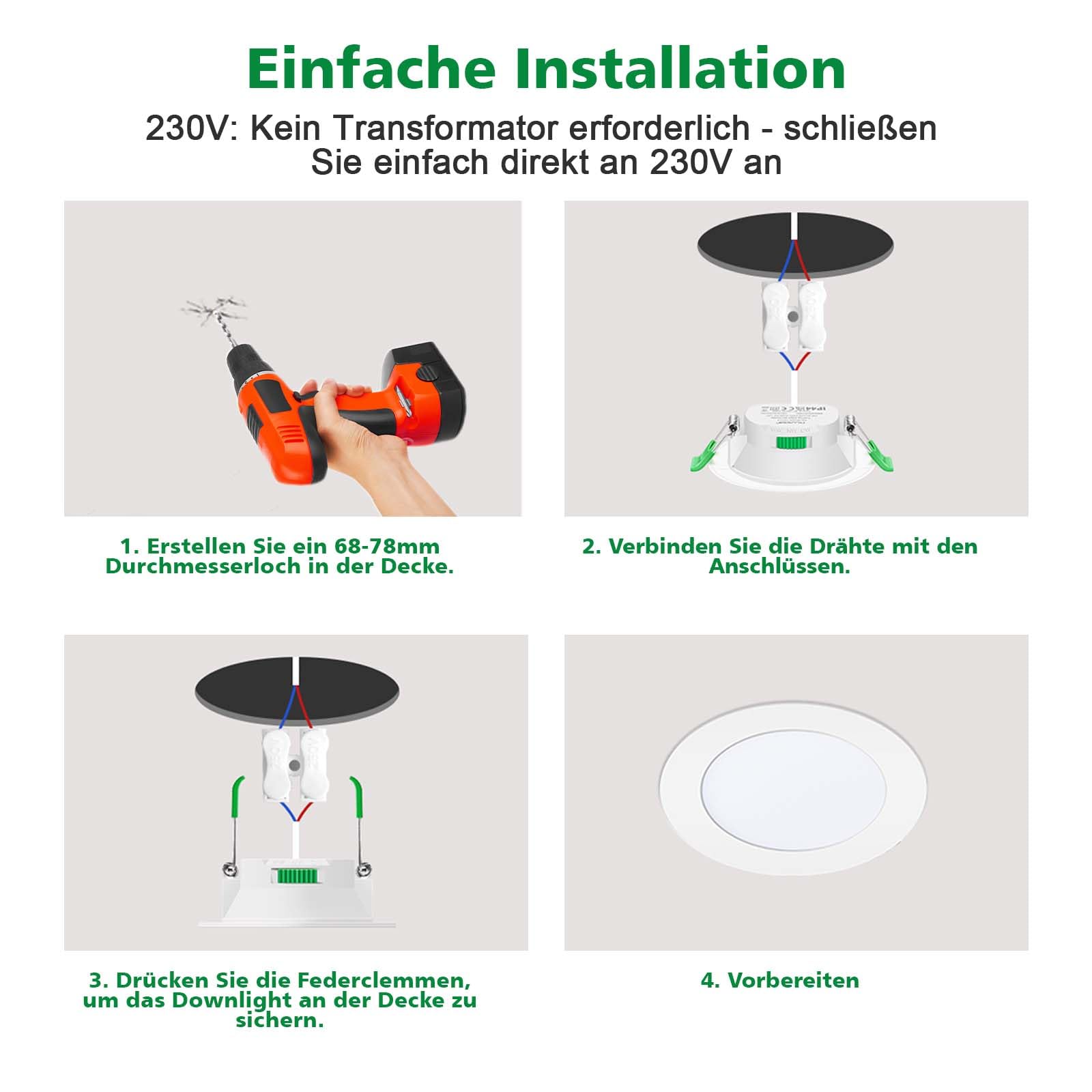 LED Einbaustrahler 230V, 7W LED Spots 68mm - 78mm Lochmaß, 3000K/4000K/6500K Einstellbare Farbtemperatur Deckenspots, IP44 Spots Deckenleuchte Für Küche, Bad, Wohnzimmer, Set of 6